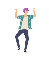 Moving man with rising hands, full length and portrait view of male in casual clothes, dancing person, dancer boy, clubber character, stag-party vector