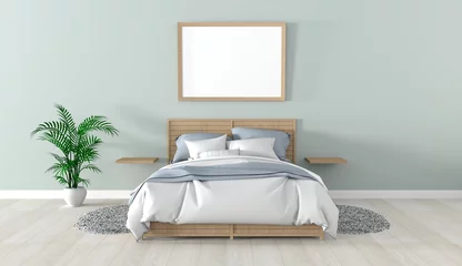 Fotobehang Chambre à coucher avec lit 2 places, cadre vide sur le mur et plante verte © Fox_Dsign