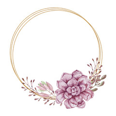 Floral wedding invitation card with rose,cotton,succulent,eucalypyus leaves in watercolor style. Botanical template with golden frame and flowers for invite, greeting and covers, poligraphy.