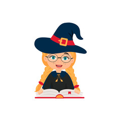 Cute little child dressed in costume witch. Halloween cartoon vector illustration. Element for design, prints and greeting cards. Design for print, t-shirt, party decoration, sticker.
