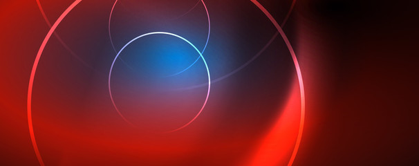 Trendy neon blue abstract design with waves and circles. Neon light glowing effect. Abstract digital background.