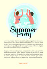 Summertime party, couple dancing in ocean, spending time at summer resort isolated vector banner. People on summer vacation swim and sunbathing, relaxing on water