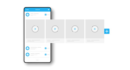Smartphone with interface carousel post. Social network ads template. Online stories post. Comment chat bubble. Carousel ads banner. Social media story. Phone mockup template. Vector © blankstock