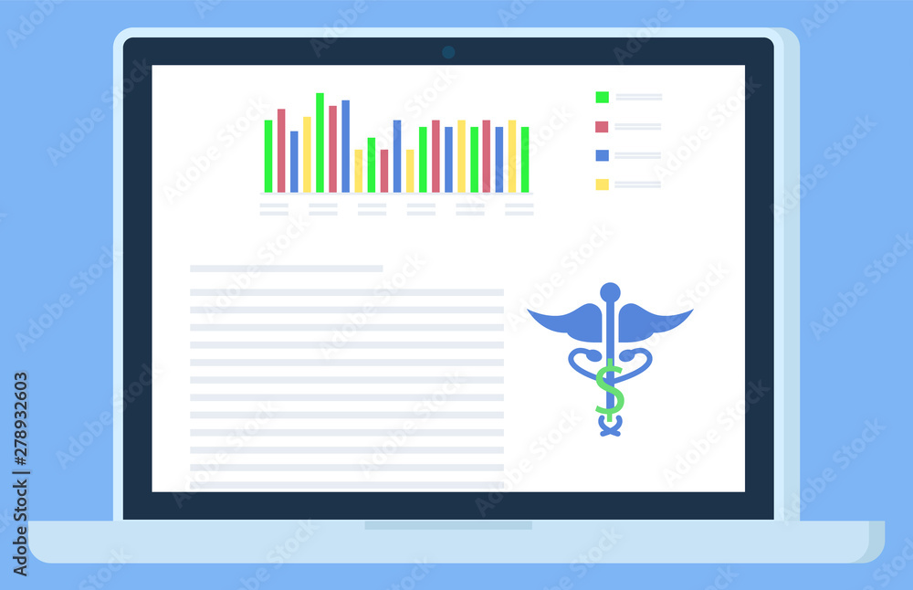 Aufkleber laptop with screen of document, chart report and caduceus symbol. wireless device with healthcare ap