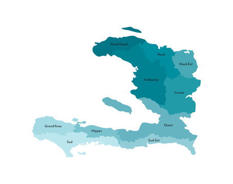 Vector isolated illustration of simplified administrative map of Haiti. Borders and names of the departments (regions). Colorful blue khaki silhouettes