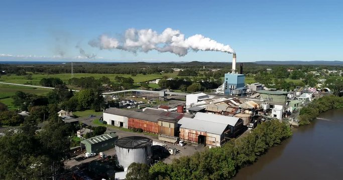 Broadwater Sugar Mill on Richmond River in tropical plains of NSW, Australia – agricultural region growing sugar cane and producing raw sugar.