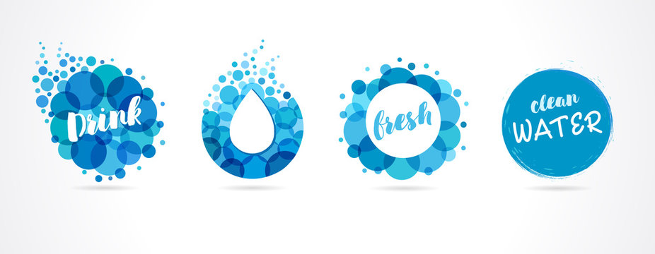 Mineral natural water icons design. Vector set of abstract aqua blue symbols, clean drops and bubble wave logo template. Concept set abstract drink or spa logos