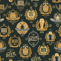 Vector seamless pattern on the theme of beer with various beer labels with images of barrels, beer glasses, mills, laurel wreathes, ears of wheat and other in retro style in black and gold colors