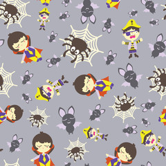 Seamless pattern of halloween theme. Illustration of cute dracula, crying pirate, spider, webs, and bat on grey background. Design for scrapbooking, gift wrap, textile, fabric, wallpaper and packaging