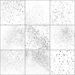 Set of Black Grainy Texture Isolated on White Background. Dust Overlay Textured. Dark Rough Noise Particles. Digitally Generated Image. Vector Design Elements, Illustration, EPS 10.