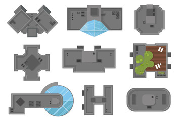 Top view of houses roof high-rise buildings and skyscrapers illustration, vector set.  A collection of architectural elements
