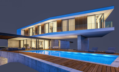 3d rendering of modern house on the hill with pool in night isolated on gray