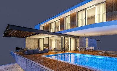 Fototapeta na wymiar 3d rendering of modern house on the hill with pool in night isolated on gray