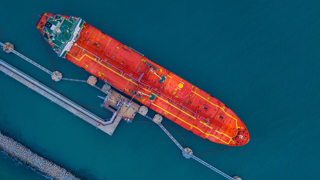 Aerial view of industrial cargo tanker, Aerial viww Oil/Chemical tanker at port.
