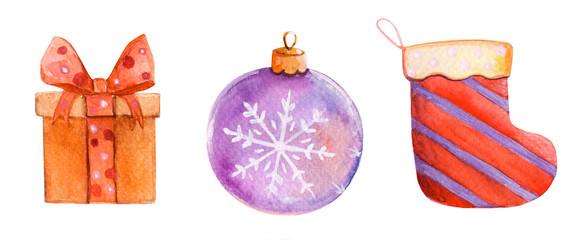 New Year's Christmas. Merry Christmas. gift and bow ball on the Christmas tree. watercolor illustration