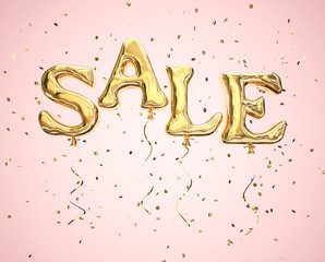 Golden floating balloons with text "sale" and glittering confetti on the pink background. Clipping path included.