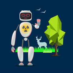 RPA robot. Android helps care of nature. Nature protection, artificial intelligence, robatized work, Care of cleanliness Robotic technologies for protect nature and  planet radiation