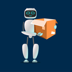 RPA. The robot is working. Cute robot helps people to perform different tasks. artificial Intelligence. Robot loader with a box helps in the work
