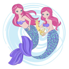 MERMAID SQUID Sea Princess Animals Underwater Cartoon Ocean Summer Tropical Travel Cruise Vacation Vector Illustration Set for Print Fabric and Decoration