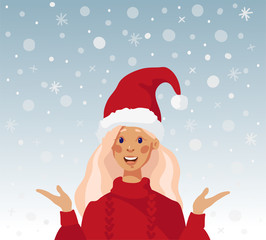 Beautiful girl in a santa hat. Christmas card with girl and snow. Merry Christmas Flat cartoon style vector illustration isolated on white background.