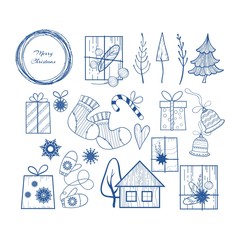 Set of Christmas and new year items - frame, gifts, Christmas tree, pine, Christmas toy, socks, candy, bells, mittens, house, snowflakes, fir branches and other objects. Doodle sketch. Vector