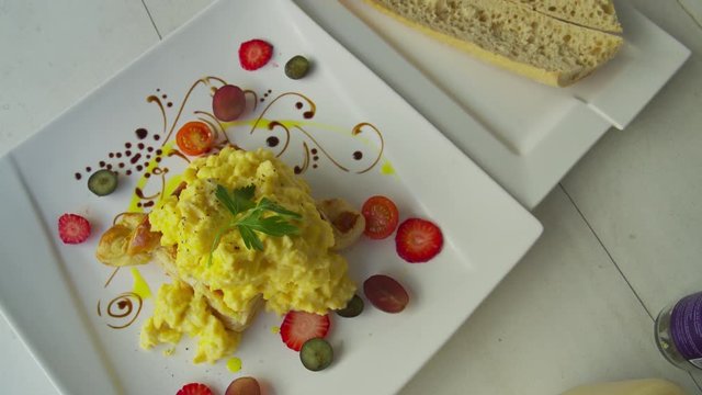 High angle view of gourmet scrambled eggs breakfast / Puerto Aventuras, Quintana Roo, Mexico