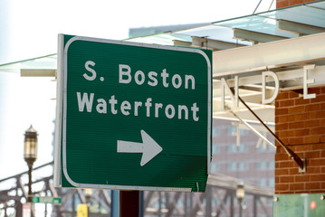 South Boston Waterfront sign posted to point the tourists in the right direction when navigating.