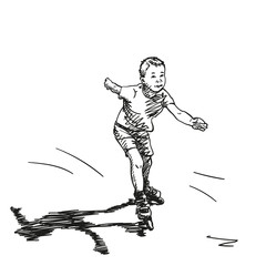 Sketch of boy skating on rollers, Hand drawn vector illustration isolated on white background