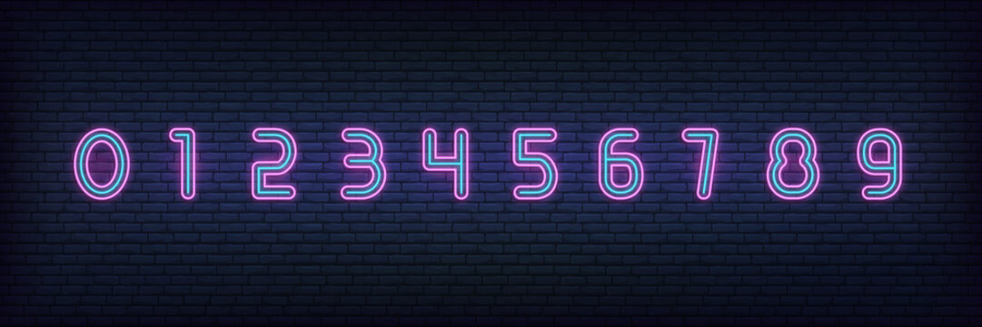 Neon numbers typeface. Glowing neon colored 3d modern numbers characters