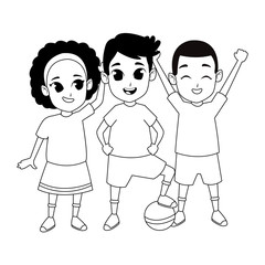 Little kids having fun and smiling cartoons in black and white