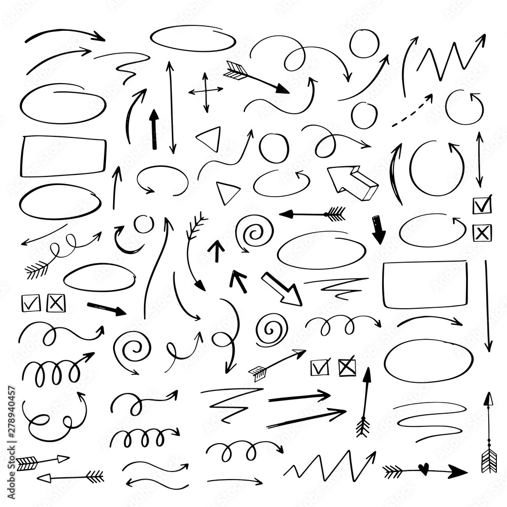 Wall mural vector doodle design elements. hand drawn arrows, frames, borders, icons and symbols. cartoon style 