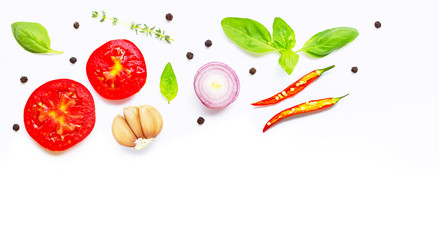 Various fresh vegetables and herbs on over white background. Healthy eating concept
