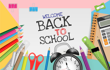 Back to school text on note paper with school supplies on pastel color background. Vector illustration