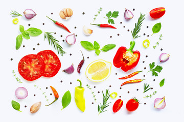 Various fresh vegetables and herbs on over white background. Healthy eating concept