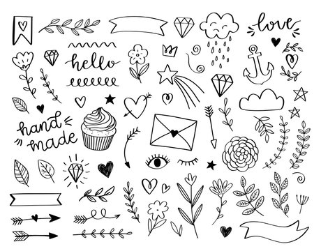 Hand drawn doodle design elements. Cute vectors in cartoon style. Laurel, arrow, stars, heart, crown, hello, love, cloud, ribbon, flower, hand made. Kids vector doodles.