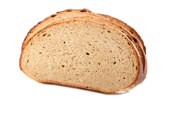 Fresh sliced bread on cutting board on a white background