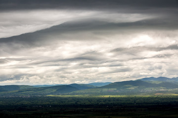 Thunderstorm clouds. Dramatic sky before the storm. Kakheti region in Georgia.