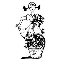 A sketch of a girl with pigtails in a dress is holding flowers in her hands, and next is a basket of flowers, on a white background