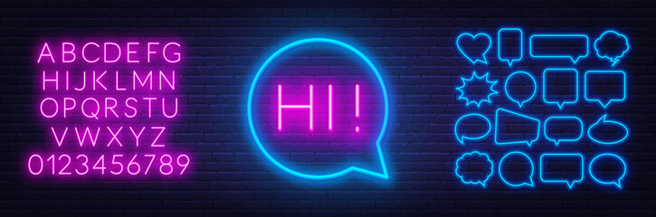 Neon sign hi. Set of neon speech bubbles and the alphabet on a dark background. Template for design.