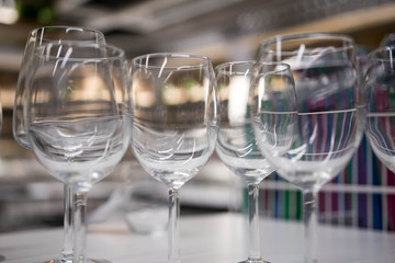 Closeup shot of wine drinking glasses top view macro blurry background
