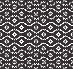 Seamless pattern with geometric zigzag and small flowers, snowflakes, stars. Abstract black and white texture. Simple monochrome background. Repeat design for decor, fabric, prints