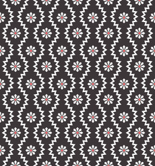 Seamless pattern with geometric zigzag and small flowers. Abstract black and white floral texture. Simple monochrome background. Repeat design for decor, fabric, prints