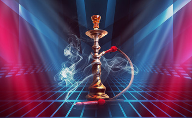 Hookah, smoke on a dark abstract background. Background of empty scenes with multicolored neon...