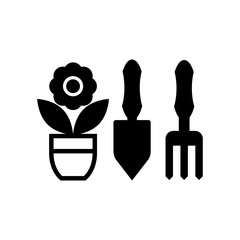 Gardening tools and flower pot icon isolated on white background