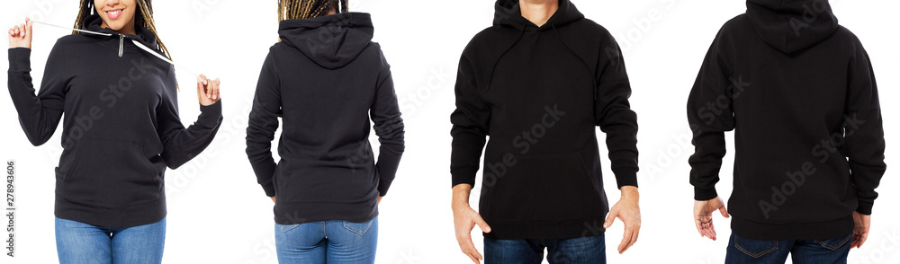 Wall mural set black hoodie mockup isolated front and back views - man and woman in stylish black sweatshirt mo - Wall murals