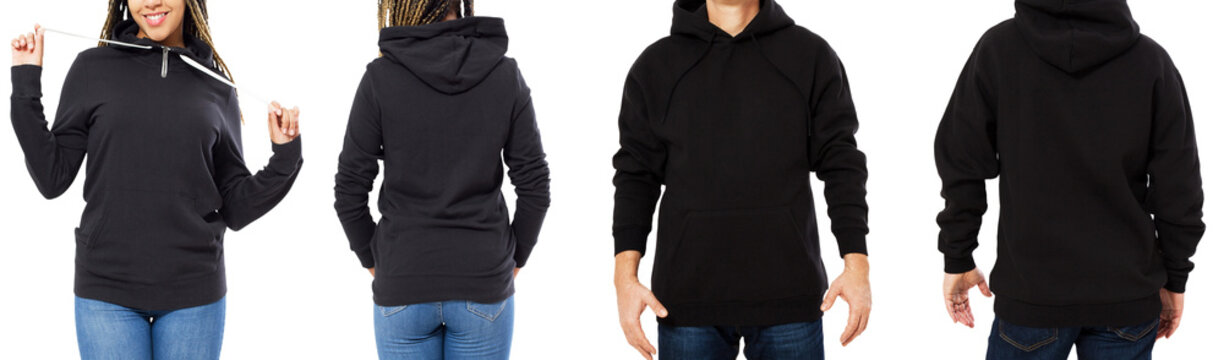 set black hoodie mockup isolated front and back views - man and woman in stylish black sweatshirt mock up isolated over white copy space