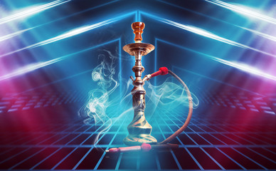 Hookah, smoke on a dark abstract background. Background of empty scenes with multicolored neon lights, reflection of night lights on wet pavement