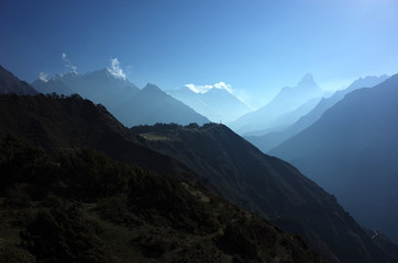Himalayas landscape, Layers of mountains in morning mist with Ama Dablam, Everest, Lhotse silhouette. Sagarmatha national park, Khumbu valley, Himalayas