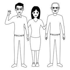 Family grandfather and father with adultt daughter cartoon in black and white