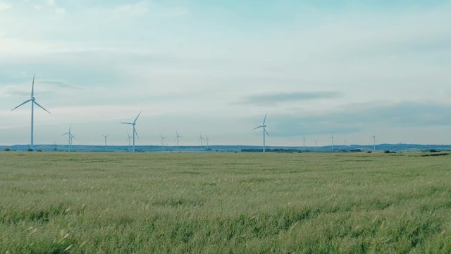 Aerial shot of big wind turbines. environment-friendly, sustainable development, eko renewable energy.